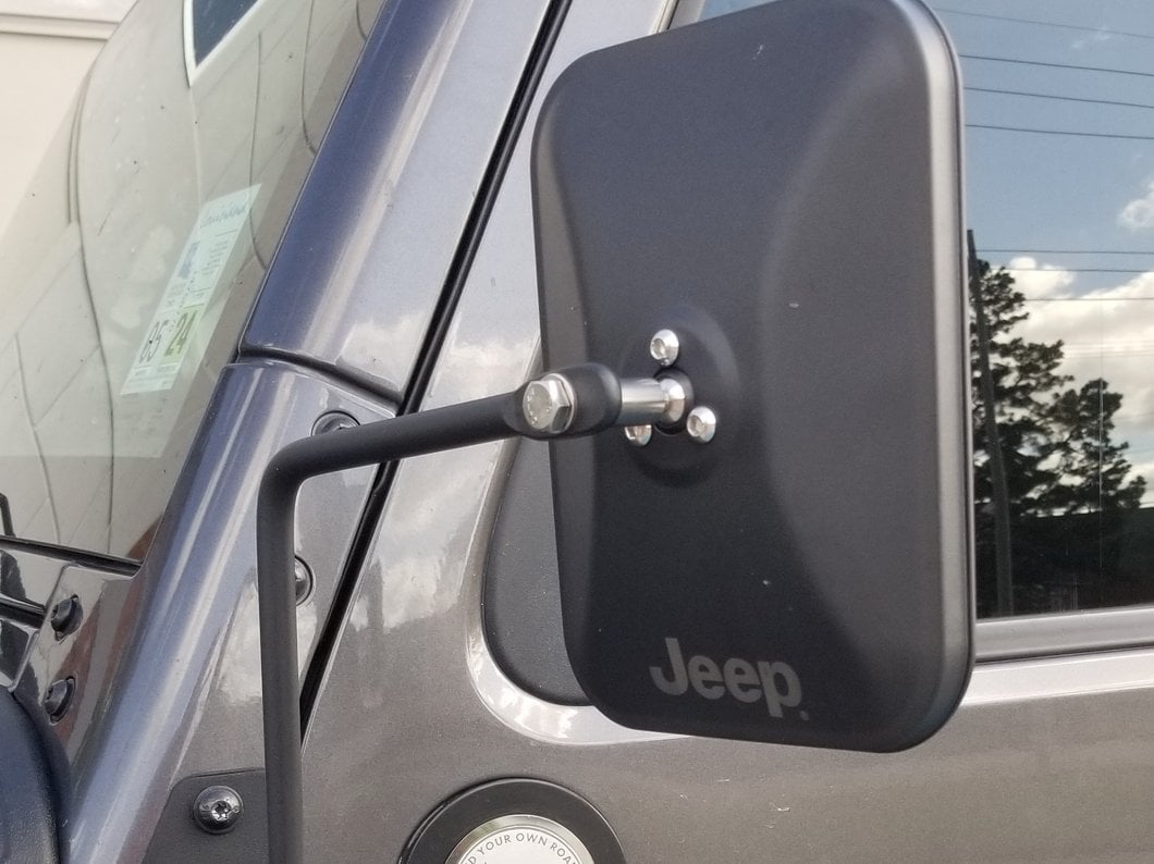 Jeep Licensed by RedRock Rectangular Adventure Mirrors with Engraved Jeep Logo; Textured Black (76-25 Jeep CJ7, Wrangler YJ, TJ, JK & JL)
