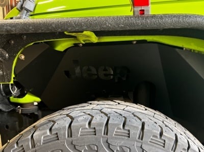 Jeep Licensed by RedRock Aluminum Inner Fender Liners with Jeep Logo; Front; Textured Black (07-18 Jeep Wrangler JK)