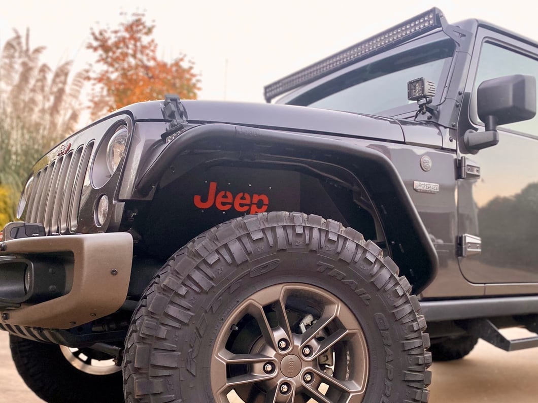 Jeep Licensed by RedRock Aluminum Inner Fender Liners with Jeep Logo; Front; Textured Black (07-18 Jeep Wrangler JK)