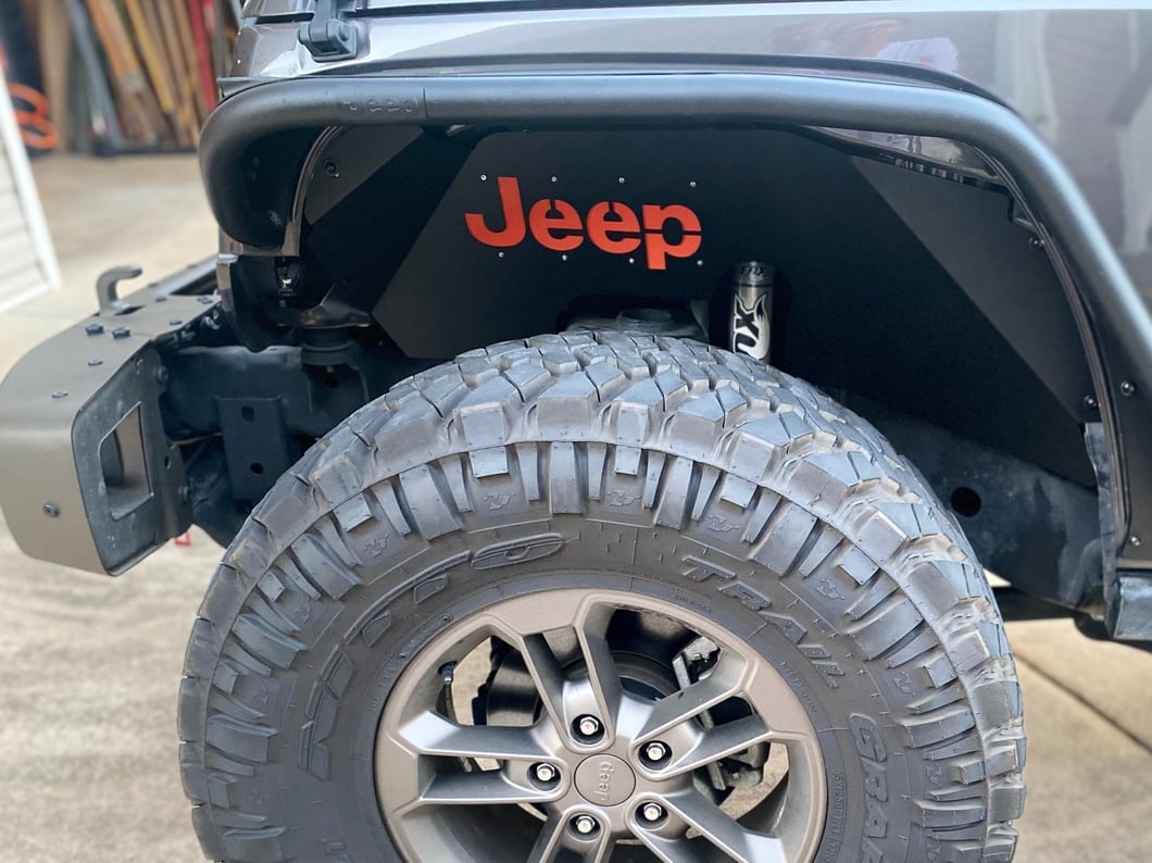 Jeep Licensed by RedRock Aluminum Inner Fender Liners with Jeep Logo; Front; Textured Black (07-18 Jeep Wrangler JK)