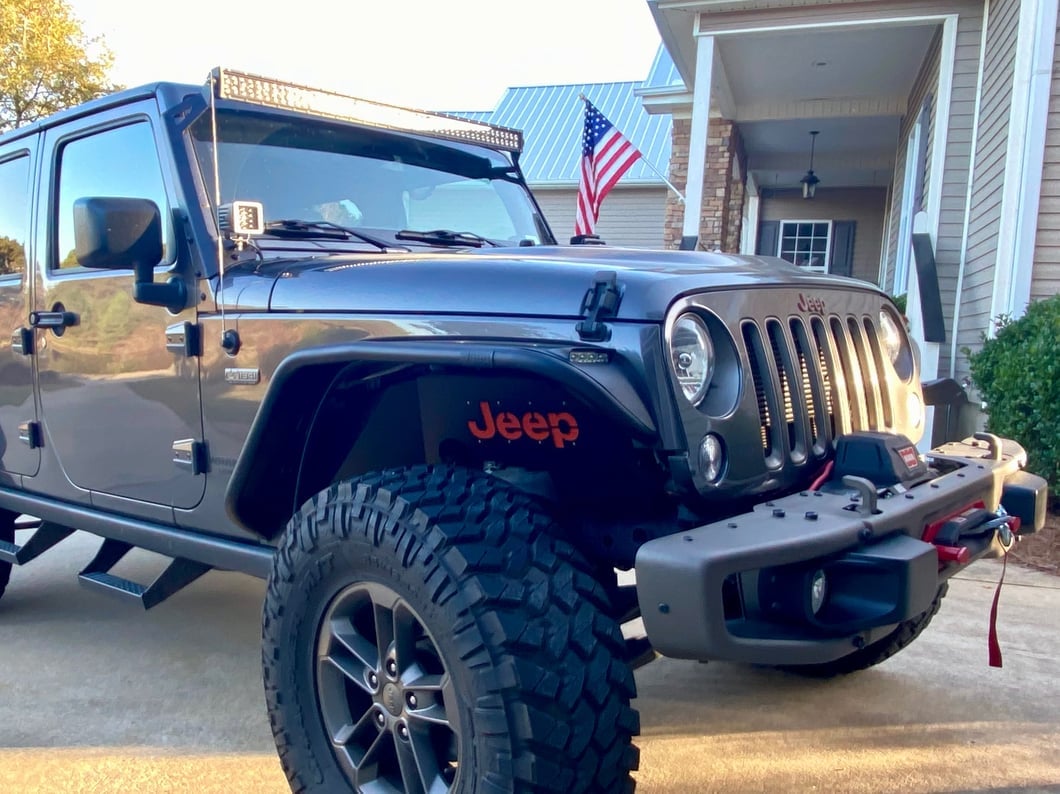 Jeep Licensed by RedRock Aluminum Inner Fender Liners with Jeep Logo; Front; Textured Black (07-18 Jeep Wrangler JK)