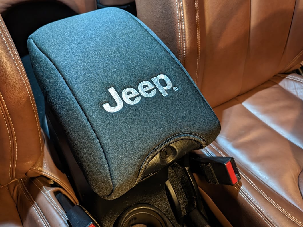 Jeep Licensed by RedRock Neoprene Center Console Arm Rest Cover with Jeep Logo; Black (11-18 Jeep Wrangler JK)