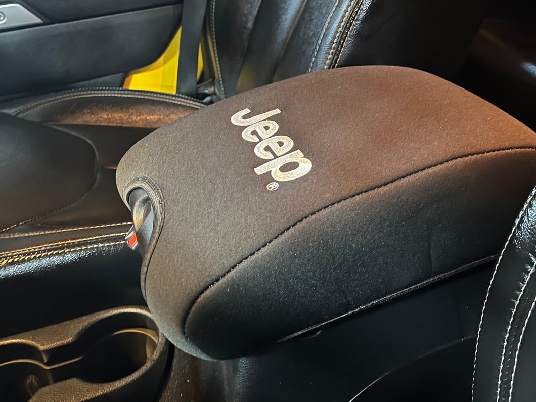 Jeep Licensed by RedRock Neoprene Center Console Arm Rest Cover with Jeep Logo; Black (11-18 Jeep Wrangler JK)