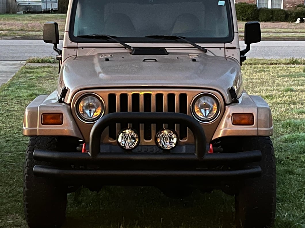 Jeep Licensed by RedRock Double Tubular Front Bumper with Classic Over-Rider Hoop and Jeep Logo; Textured Black (87-06 Jeep Wrangler YJ & TJ)
