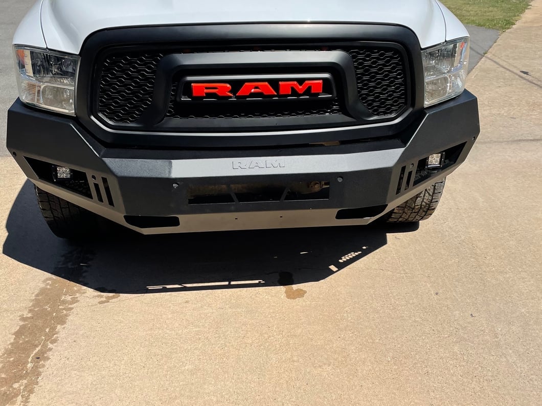 RAM Licensed by RedRock Extreme HD Front Bumper with LED Fog Lights and RAM Logo; Textured Black (13-18 RAM 1500, Excluding Rebel)