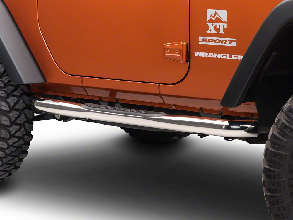 RedRock 3-Inch Round Curved Side Step Bars; Stainless Steel (07-18 Jeep Wrangler JK 2-Door)