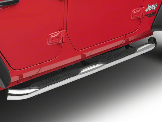 RedRock 3-Inch Round Curved Side Step Bars; Stainless Steel (18-25 Jeep Wrangler JL 4-Door)