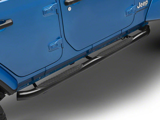 RedRock 3-Inch Round Curved Side Step Bars; Semi-Gloss Black (18-25 Jeep Wrangler JL 4-Door)