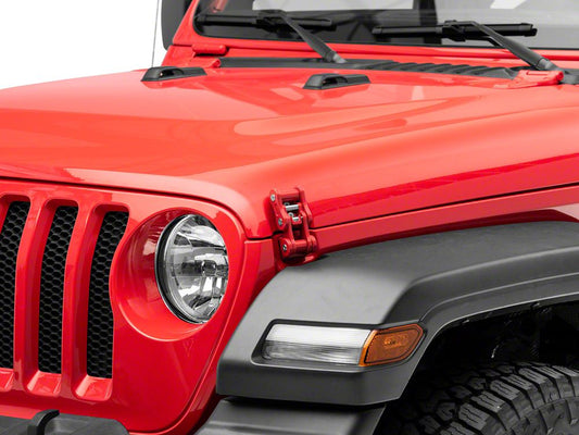 RedRock Billet Aluminum Hood Catch Set; Red (07-25 Jeep Wrangler JK & JL)