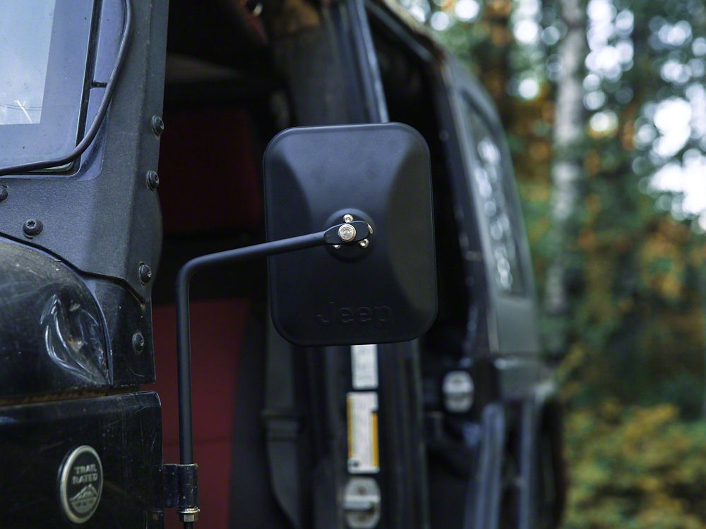 Jeep Licensed by RedRock Rectangular Adventure Mirrors with Embossed Jeep Logo; Textured Black (76-25 Jeep CJ7, Wrangler YJ, TJ, JK & JL)