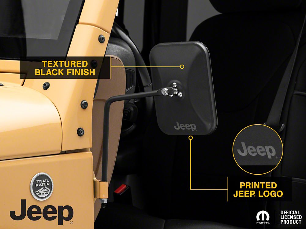 Jeep Licensed by RedRock Rectangular Adventure Mirrors with Printed Jeep Logo; Textured Black (76-25 Jeep CJ7, Wrangler YJ, TJ, JK & JL)