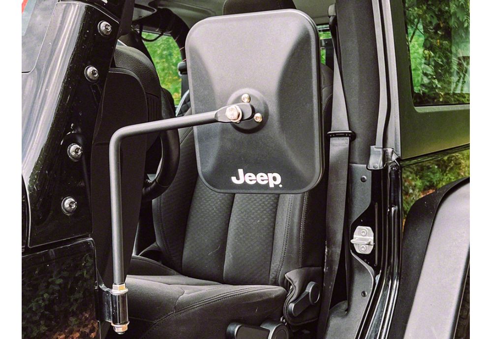 Jeep Licensed by RedRock Rectangular Adventure Mirrors with Printed Jeep Logo; Textured Black (76-25 Jeep CJ7, Wrangler YJ, TJ, JK & JL)
