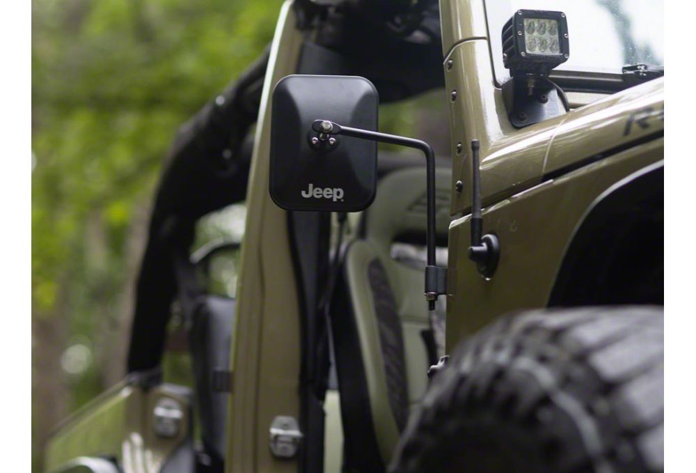 Jeep Licensed by RedRock Rectangular Adventure Mirrors with Printed Jeep Logo; Textured Black (76-25 Jeep CJ7, Wrangler YJ, TJ, JK & JL)