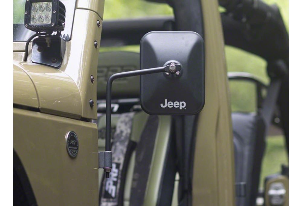 Jeep Licensed by RedRock Rectangular Adventure Mirrors with Printed Jeep Logo; Textured Black (76-25 Jeep CJ7, Wrangler YJ, TJ, JK & JL)