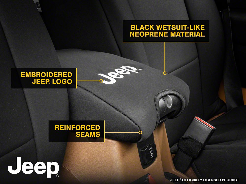 Jeep Licensed by RedRock Neoprene Center Console Arm Rest Cover with Jeep Logo; Black (11-18 Jeep Wrangler JK)
