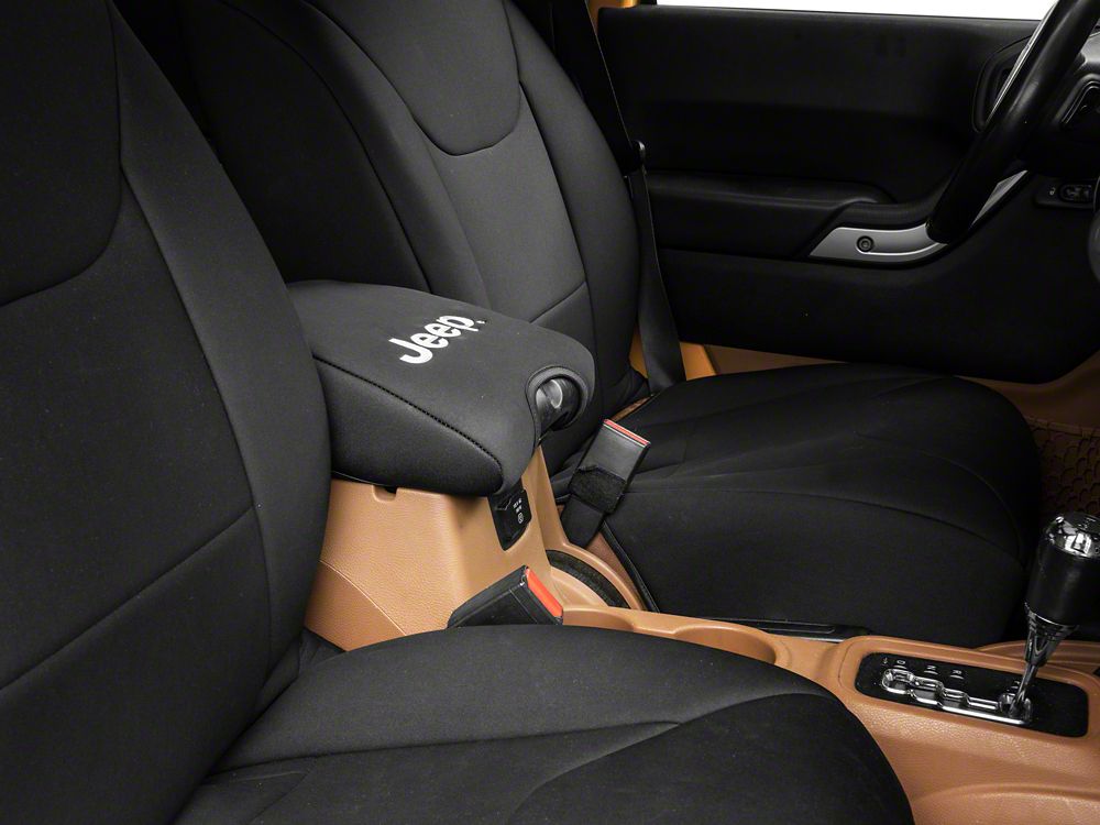 Jeep Licensed by RedRock Neoprene Center Console Arm Rest Cover with Jeep Logo; Black (11-18 Jeep Wrangler JK)