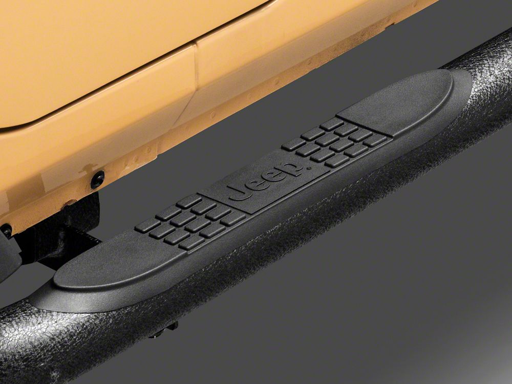 Jeep Licensed by RedRock 3-Inch Round Curved Side Step Bars with Jeep Logo; Textured Black (07-18 Jeep Wrangler JK 4-Door)