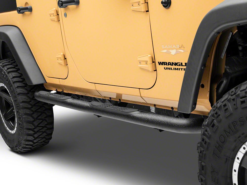 Jeep Licensed by RedRock 3-Inch Round Curved Side Step Bars with Jeep Logo; Textured Black (07-18 Jeep Wrangler JK 4-Door)