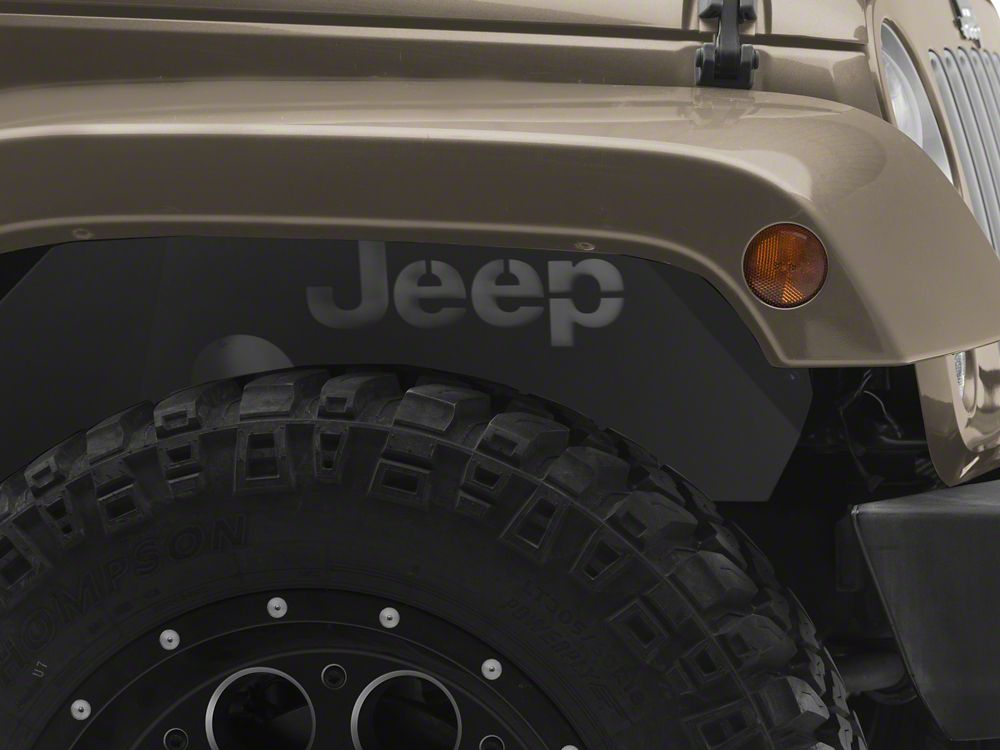 Jeep Licensed by RedRock Aluminum Inner Fender Liners with Jeep Logo; Front; Textured Black (07-18 Jeep Wrangler JK)