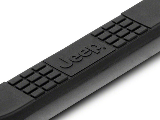 Jeep Licensed by RedRock 3-Inch Round Side Step Bars with Jeep Logo; Textured Black (87-06 Jeep Wrangler YJ & TJ, Excluding Unlimited)