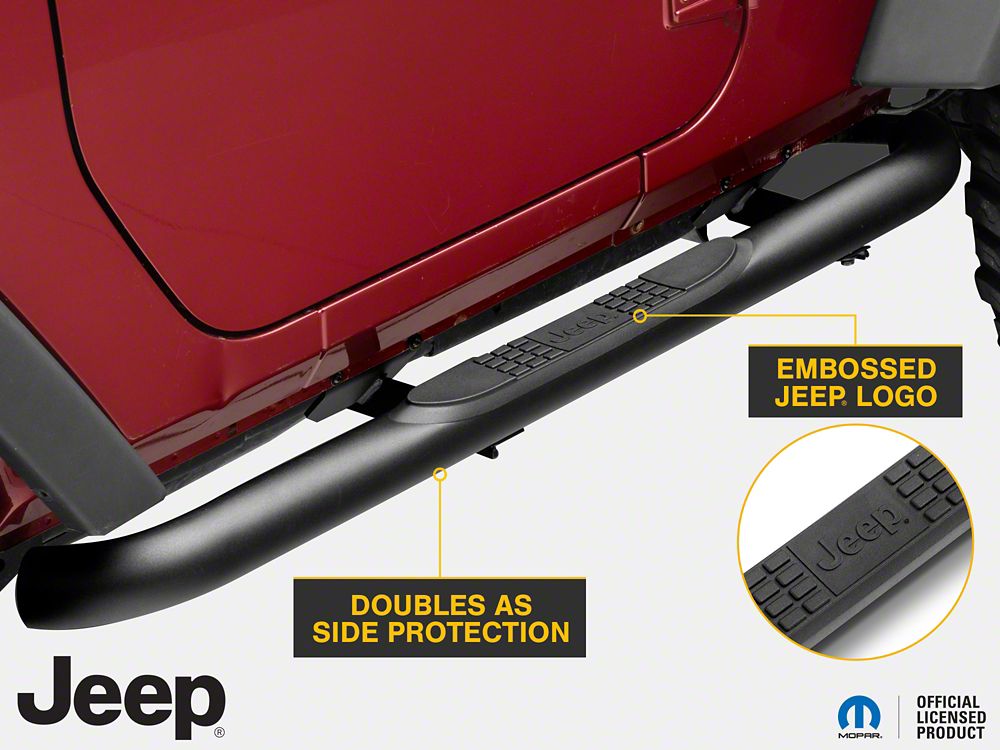 Jeep Licensed by RedRock 3-Inch Round Curved Side Step Bars with Jeep Logo (07-18 Jeep Wrangler JK 2-Door)