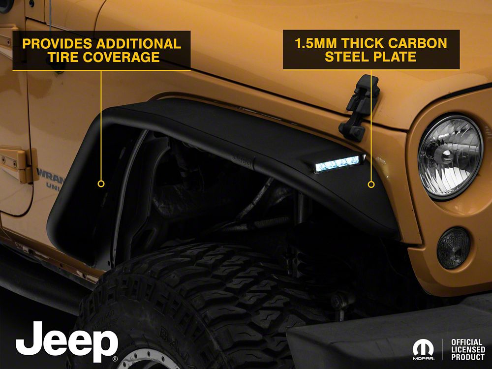 Jeep Licensed by RedRock Tubular Fender Flares with LED DRL and Jeep Logo; Front (07-18 Jeep Wrangler JK)