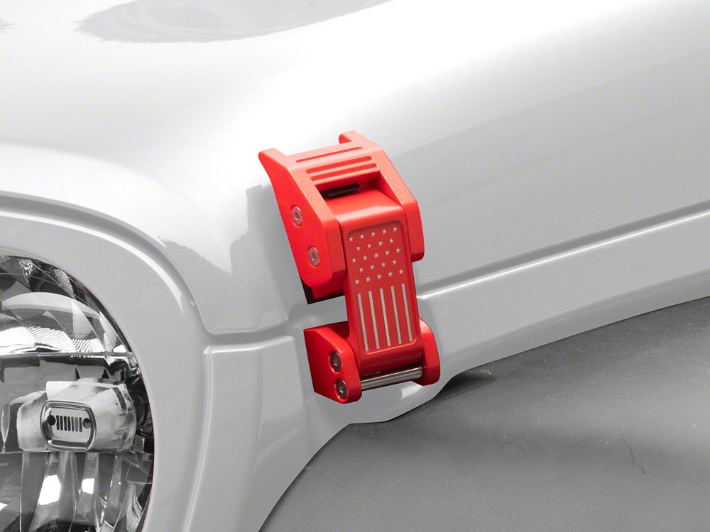 RedRock Old Glory Billet Hood Catch Kit; Red (07-25 Jeep Wrangler JK & JL)