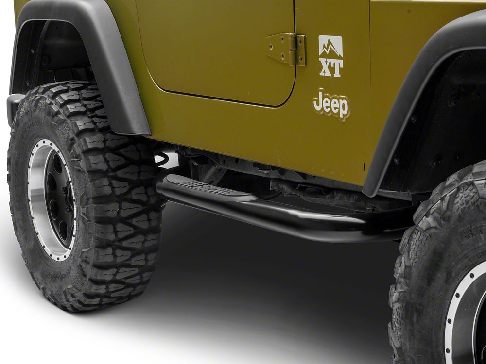 Jeep Licensed by RedRock 3-Inch Round Side Step Bars with Jeep Logo; Semi-Gloss Black (87-06 Jeep Wrangler YJ & TJ, Excluding Unlimited)