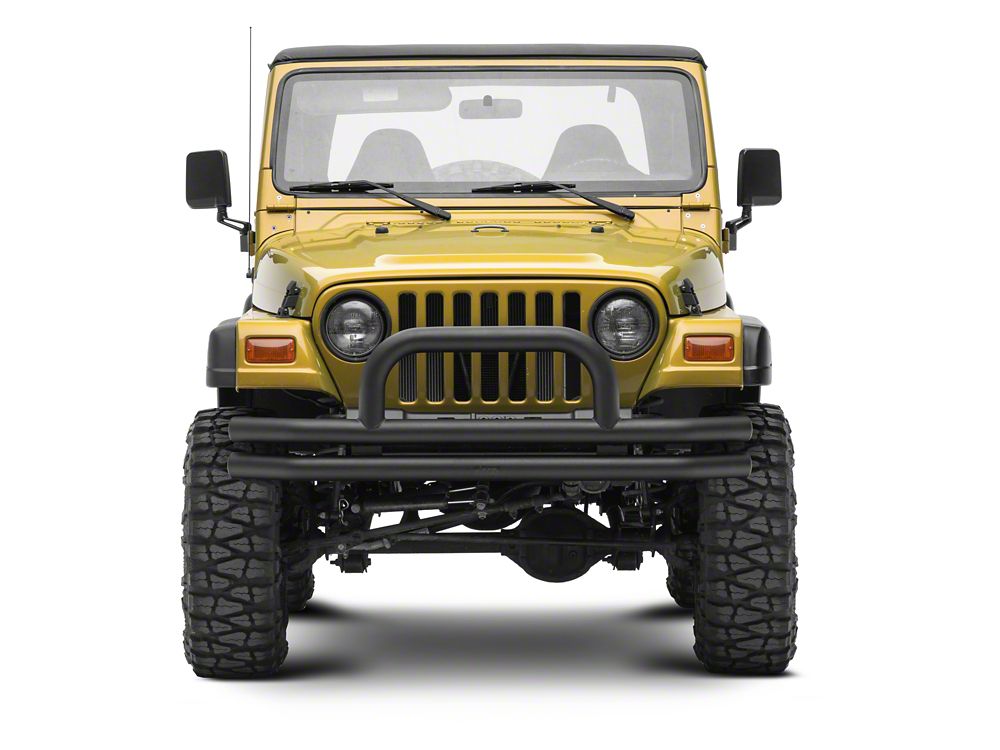 Jeep Licensed by RedRock Double Tubular Front Bumper with Classic Over-Rider Hoop and Jeep Logo; Textured Black (87-06 Jeep Wrangler YJ & TJ)