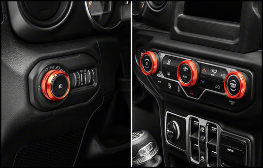 RedRock Billet Aluminum Headlight, HVAC and Radio Control Knob Trim Ring Set; Red (18-25 Jeep Wrangler JL)