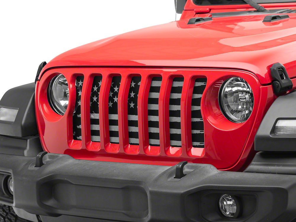RedRock American Flag V2 Grille Insert; Black and White (18-25 Jeep Wrangler JL, Excluding Rubicon 392)