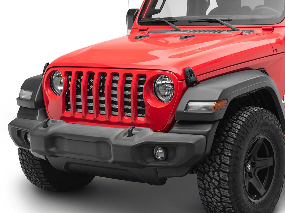 RedRock American Flag V2 Grille Insert; Black and White (18-25 Jeep Wrangler JL, Excluding Rubicon 392)