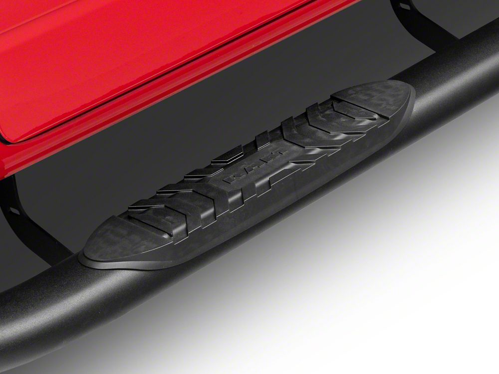 RAM Licensed by RedRock 5-Inch Oval Bent End Side Step Bars with Ram Logo; Textured Black (09-18 RAM 1500 Crew Cab)