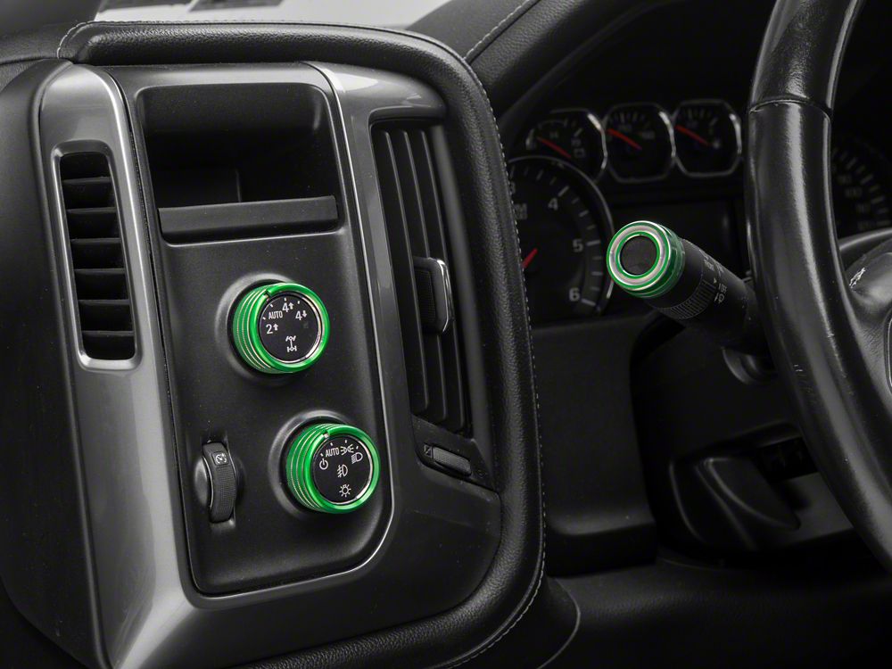 RedRock Billet Interior Knob Cover Kit; Green (14-18 Silverado 1500)