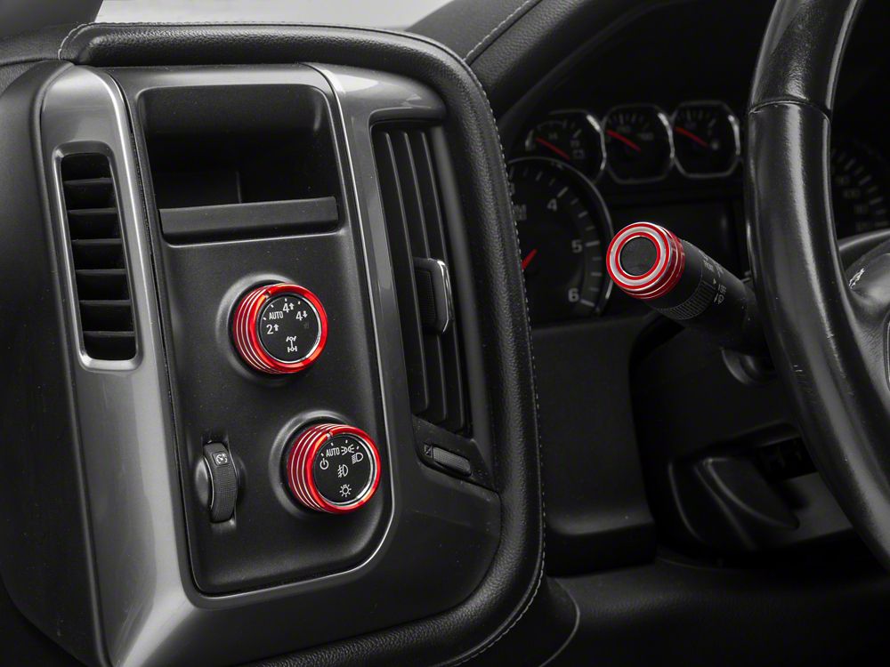 RedRock Billet Interior Knob Cover Kit; Red (14-18 Silverado 1500)