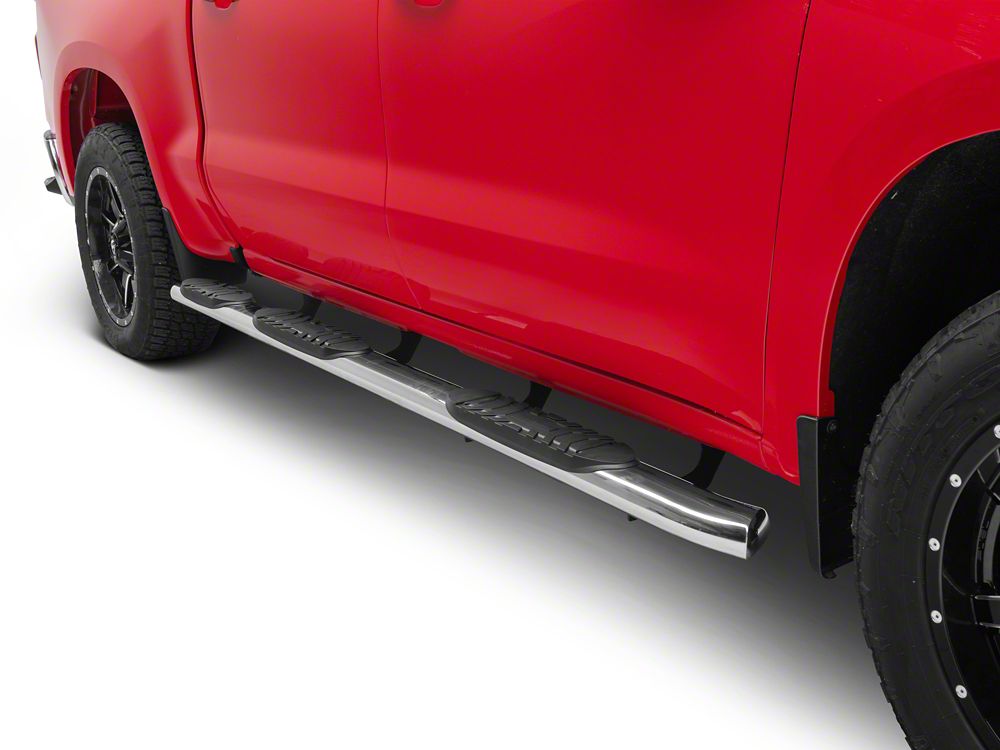 RedRock 5-Inch Oval Bent Wheel to Wheel Side Step Bars; Stainless Steel (19-25 Silverado 1500 Crew Cab w/ 5.80-Foot Short Box)