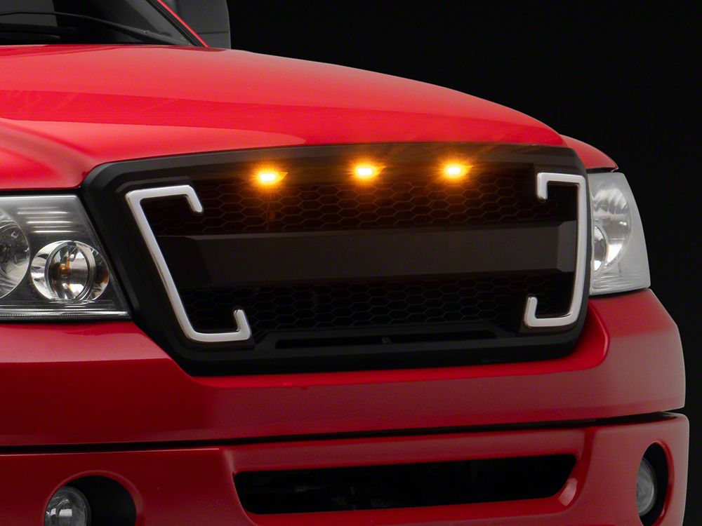 RedRock Baja Upper Replacement Grille with LED DRL and Turn Signal Function; Matte Black (04-08 F-150)