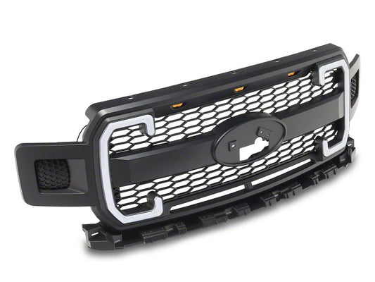 RedRock Upper Replacement Grille with LED DRL, Turn Signals and Amber Running Lights; Matte Black (18-20 F-150, Excluding Raptor)