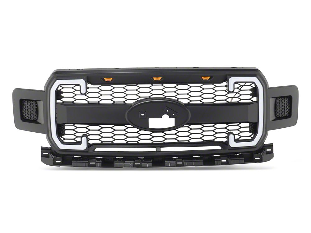 RedRock Upper Replacement Grille with LED DRL, Turn Signals and Amber Running Lights; Matte Black (18-20 F-150, Excluding Raptor)