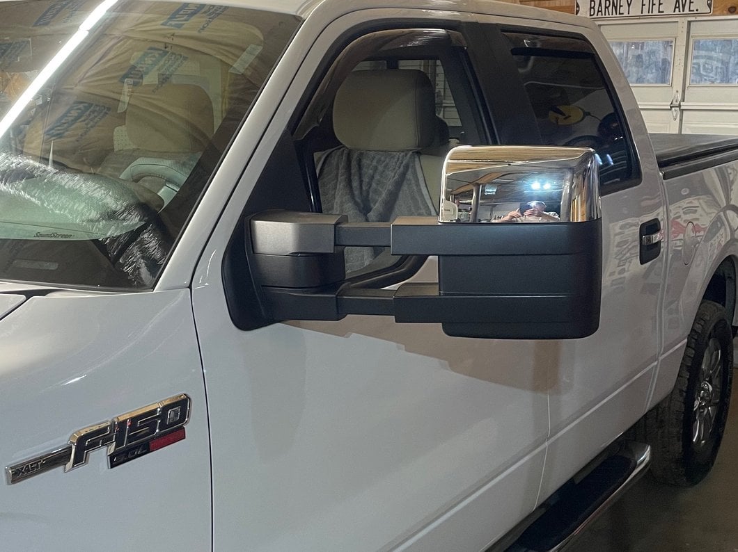 RedRock Memory Power Adjust Heated Manual Foldaway Towing Mirrors with Puddle Lights and Turn Signals; Chrome; Driver Side (09-14 F-150)