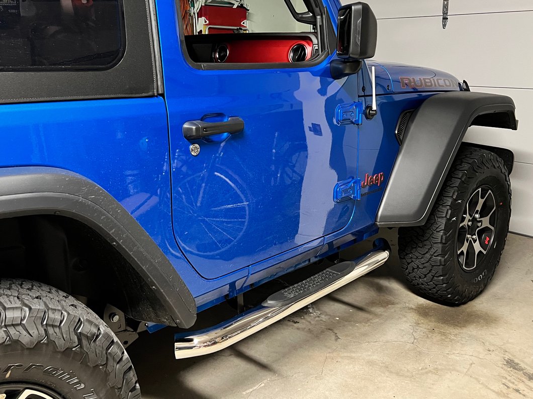 RedRock 3-Inch Round Curved Side Step Bars; Stainless Steel (18-25 Jeep Wrangler JL 2-Door)