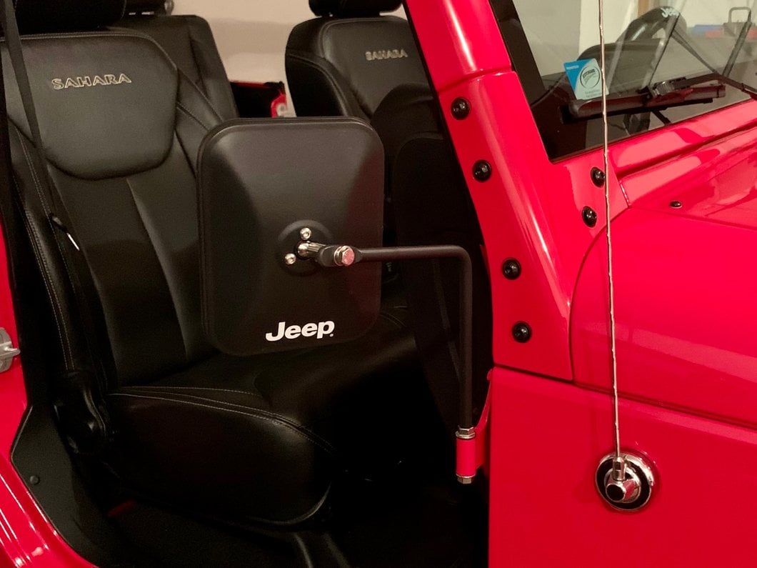 Jeep Licensed by RedRock Rectangular Adventure Mirrors with Printed Jeep Logo; Textured Black (76-25 Jeep CJ7, Wrangler YJ, TJ, JK & JL)