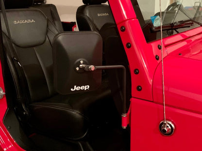 Jeep Licensed by RedRock Rectangular Adventure Mirrors with Printed Jeep Logo; Textured Black (76-25 Jeep CJ7, Wrangler YJ, TJ, JK & JL)