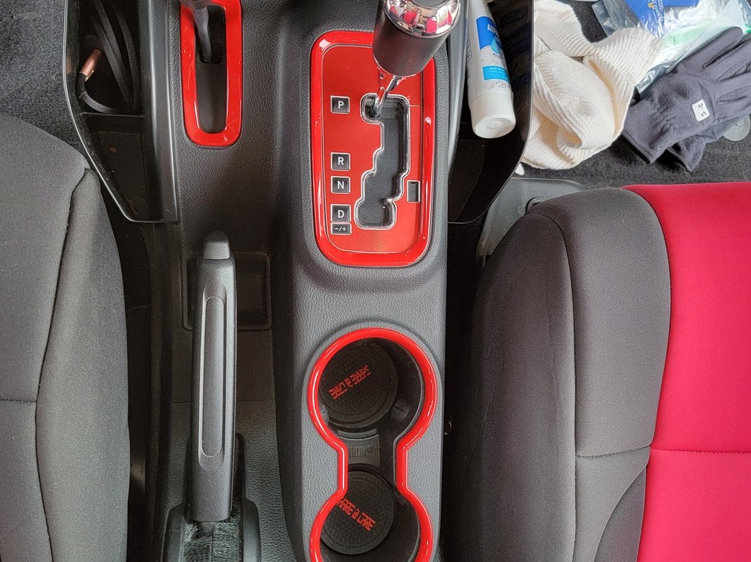 RedRock Shifter and Cup Holder Bezel Trim Set; Red (11-18 Jeep Wrangler JK w/ Automatic Transmission)