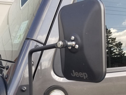 Jeep Licensed by RedRock Rectangular Adventure Mirrors with Engraved Jeep Logo; Textured Black (76-25 Jeep CJ7, Wrangler YJ, TJ, JK & JL)