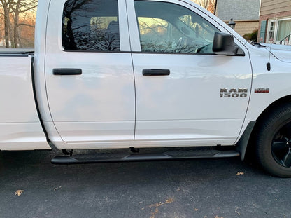 RAM Licensed by RedRock 5-Inch Oval Bent End Side Step Bars with Ram Logo; Textured Black (09-18 RAM 1500 Quad Cab)