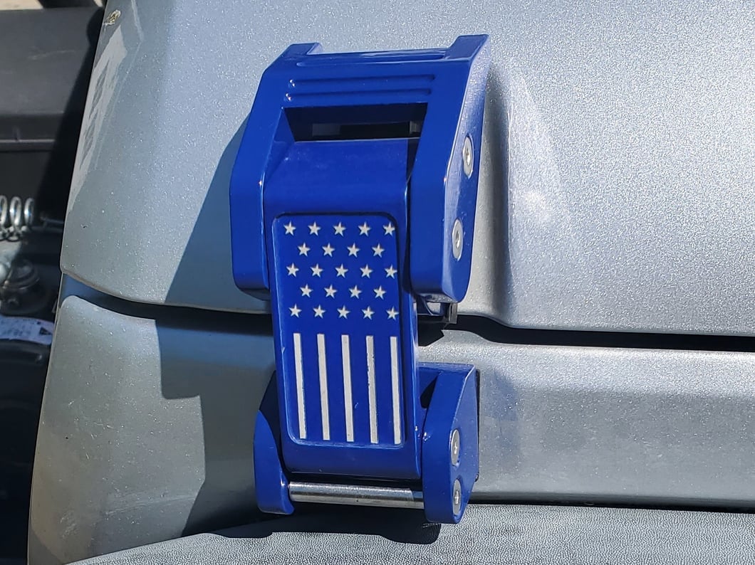 RedRock Old Glory Billet Hood Catch Kit; Blue (07-25 Jeep Wrangler JK & JL)