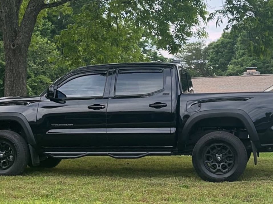 RedRock Low Profile Window Deflectors; Front and Rear; Gloss Black (16-23 Tacoma Double Cab)
