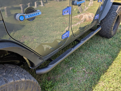 Jeep Licensed by RedRock 3-Inch Round Curved Side Step Bars with Jeep Logo; Textured Black (07-18 Jeep Wrangler JK 4-Door)
