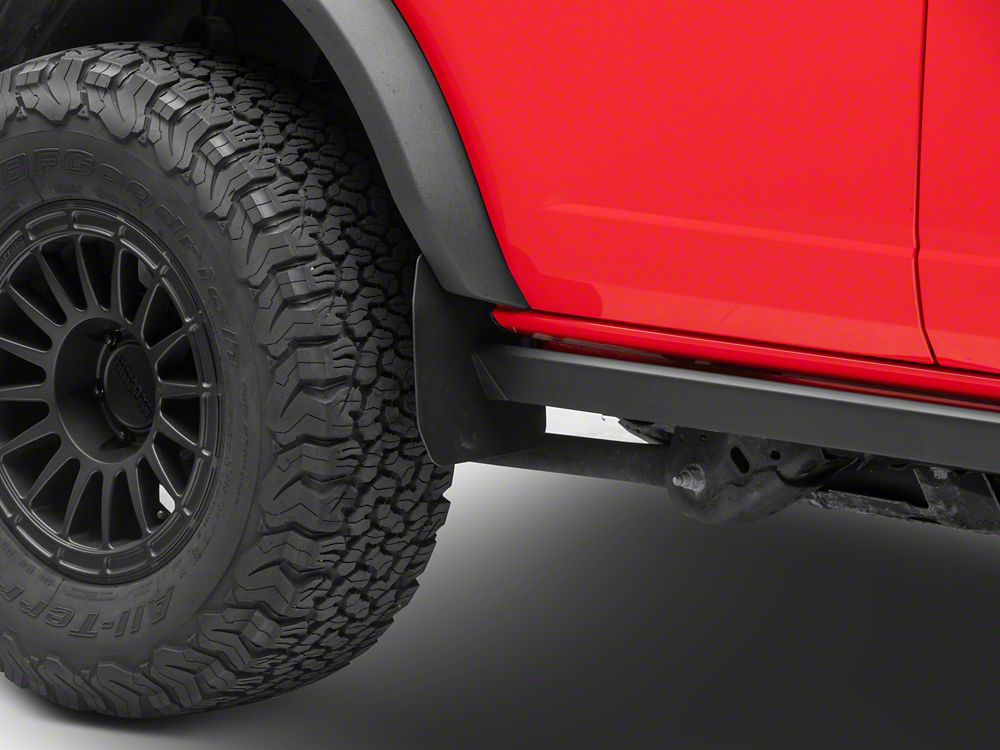 RedRock Mud Flaps; Front and Rear (21-25 Bronco 4-Door w/ OEM Rock Rails & w/o Sasquatch Package, Excluding Raptor)